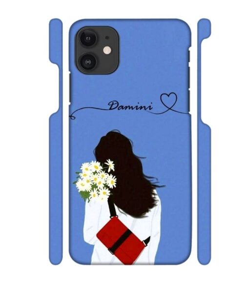 Sweet girl with back pose with flower Customize Text iPhone 11 Mobile Cover