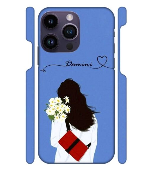 Sweet girl with back pose with flower Customize Text iPhone 14 Pro Max Mobile Cover