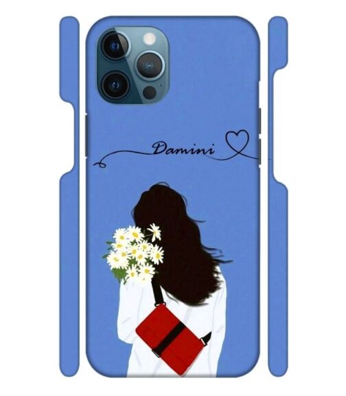 Sweet girl with back pose with flower Customize Text iPhone 12 Pro Mobile Cover