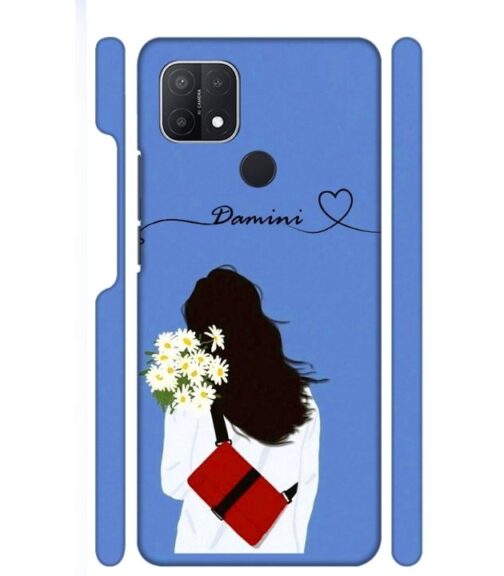 Sweet girl with back pose with flower Customize Text Oppo A15 S Mobile Cover