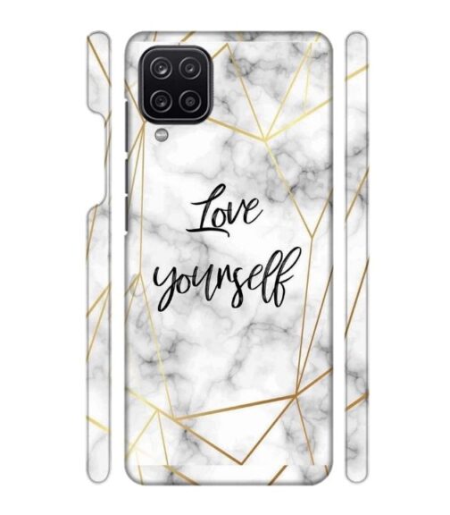 Blacky smoke with gold pattern with text love yourself Samsung Galaxy A12 Mobile Cover