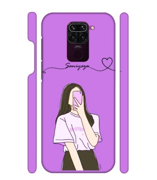 Girl gives mirror selfie pose with Customize Text Redmi Note 9 Mobile Cover