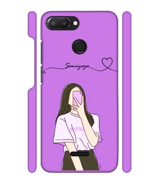 Girl gives mirror selfie pose with Customize Text Redmi 6 Mobile Cover
