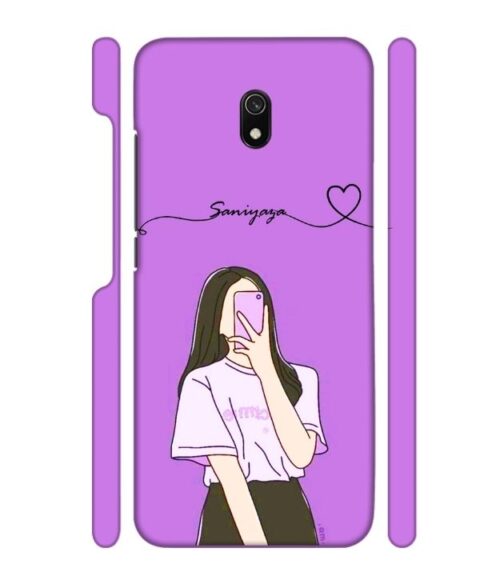 Girl gives mirror selfie pose with Customize Text Redmi 8 A Mobile Cover