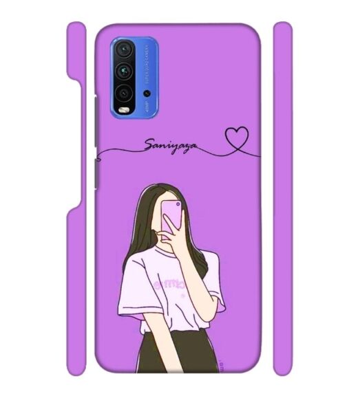 Girl gives mirror selfie pose with Customize Text Redmi 9 Power Mobile Cover