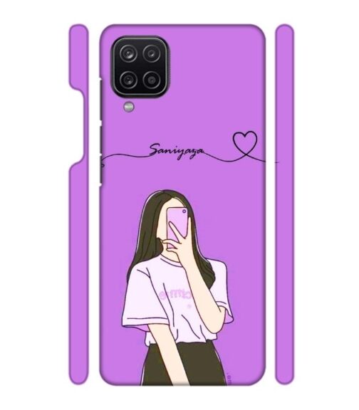 Girl gives mirror selfie pose with Customize Text Samsung Galaxy A12 Mobile Cover