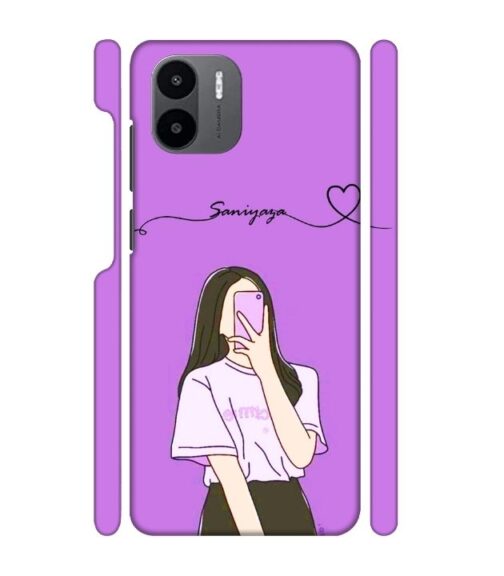 Girl gives mirror selfie pose with Customize Text Redmi A1 Mobile Cover