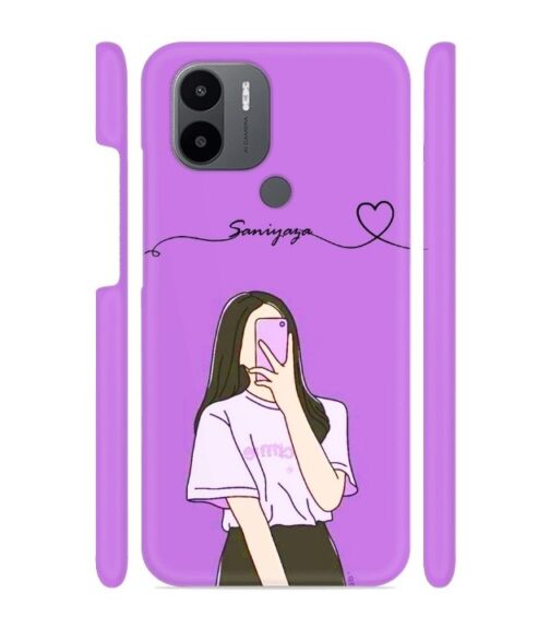 Girl gives mirror selfie pose with Customize Text Redmi A1 Plus Mobile Cover