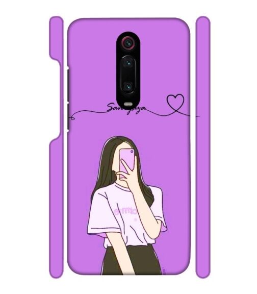 Girl gives mirror selfie pose with Customize Text Redmi K20 Pro Mobile Cover