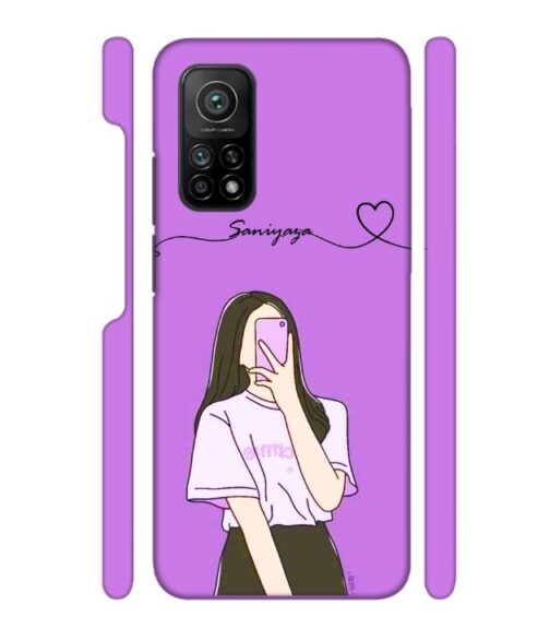 Girl gives mirror selfie pose with Customize Text Mi 10T Mobile Cover