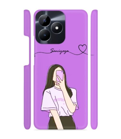 Girl gives mirror selfie pose with Customize Text Realme C53 Mobile Cover