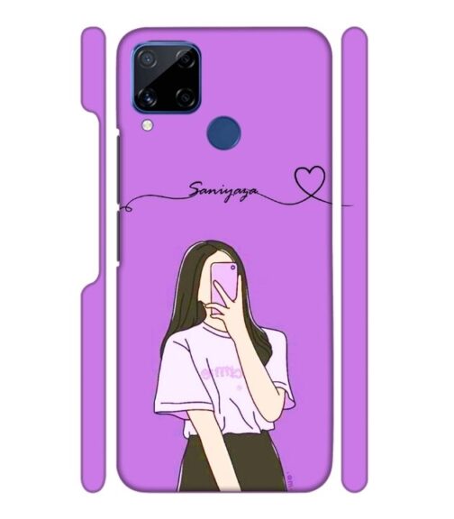 Girl gives mirror selfie pose with Customize Text Realme C15 Mobile Cover