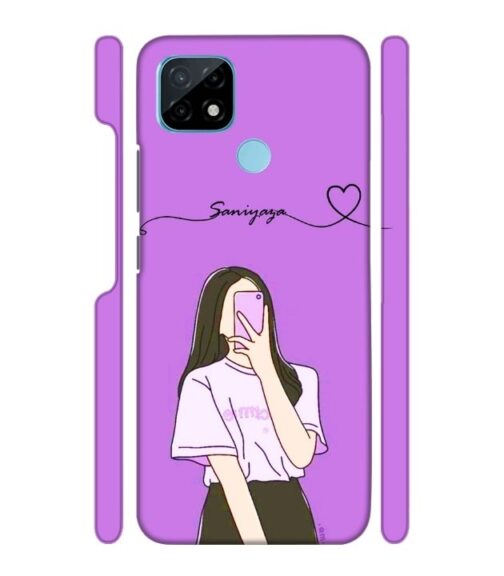 Girl gives mirror selfie pose with Customize Text Realme C21 Mobile Cover