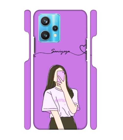 Girl gives mirror selfie pose with Customize Text Realme 9 Pro Plus Mobile Cover