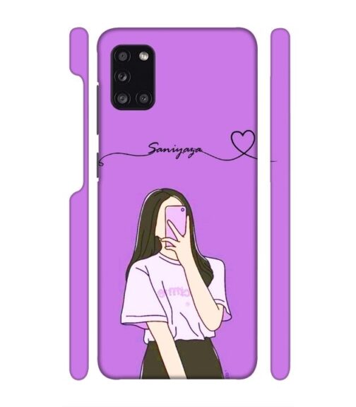 Girl gives mirror selfie pose with Customize Text Samsung Galaxy A31 Mobile Cover