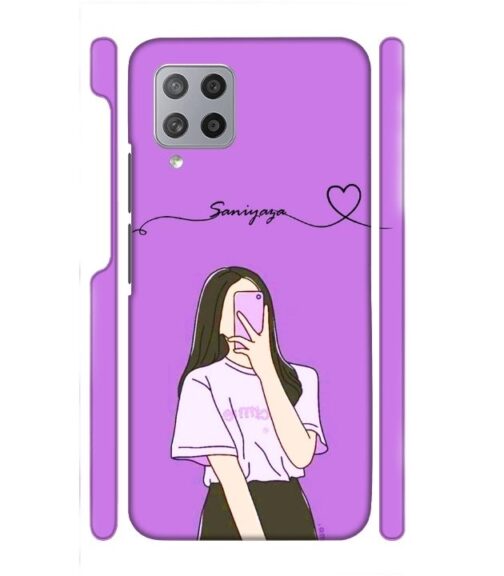 Girl gives mirror selfie pose with Customize Text Samsung Galaxy F62 Mobile Cover