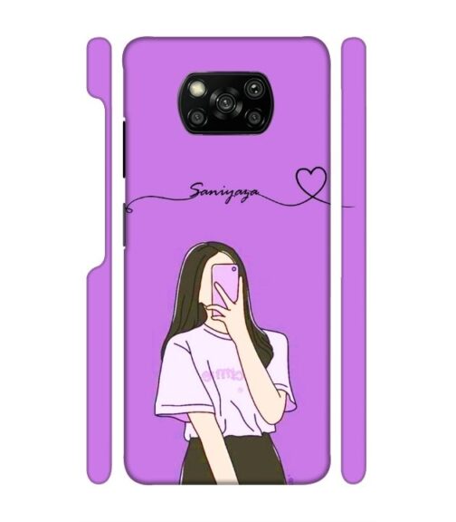 Girl gives mirror selfie pose with Customize Text Poco X3 Mobile Cover