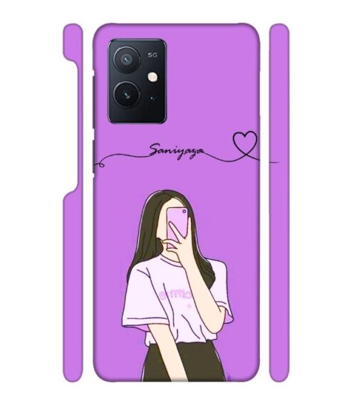 Girl gives mirror selfie pose with Customize Text iQOO Z6 Mobile Cover