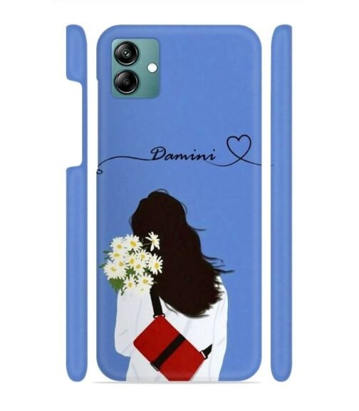 Sweet girl with back pose with flower Customize Text Samsung Galaxy F04 Mobile Cover