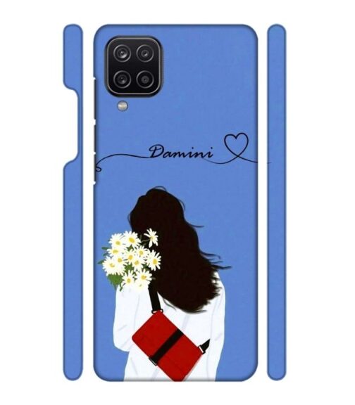 Sweet girl with back pose with flower Customize Text Samsung Galaxy A12 Mobile Cover