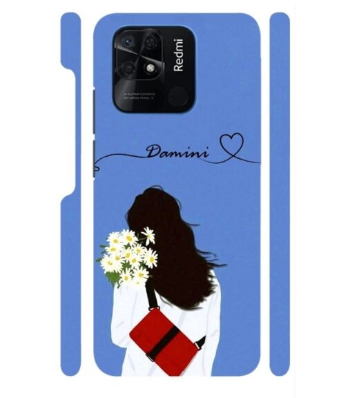 Sweet girl with back pose with flower Customize Text Redmi 10 Mobile Cover