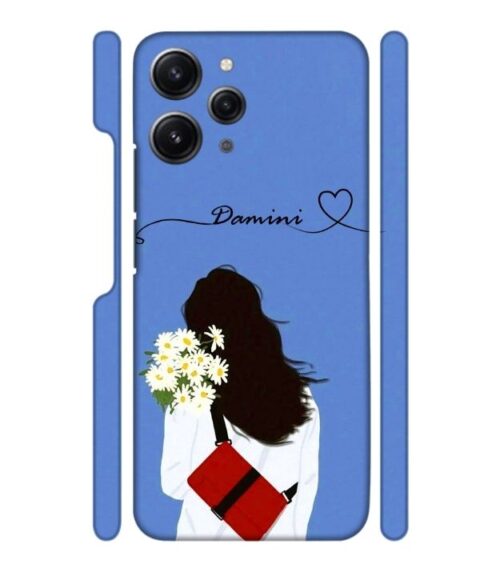 Sweet girl with back pose with flower Customize Text Redmi 12 (5G) Mobile Cover