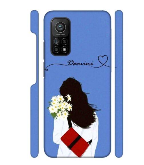 Sweet girl with back pose with flower Customize Text Mi 10T Mobile Cover