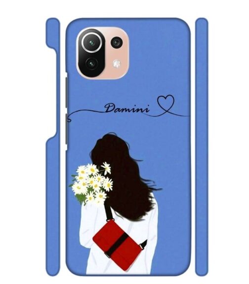 Sweet girl with back pose with flower Customize Text Mi 11 Lite Mobile Cover
