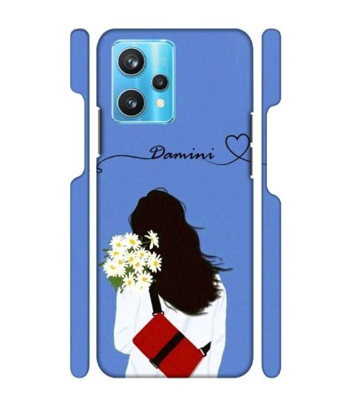 Sweet girl with back pose with flower Customize Text Realme 9 Pro Plus Mobile Cover