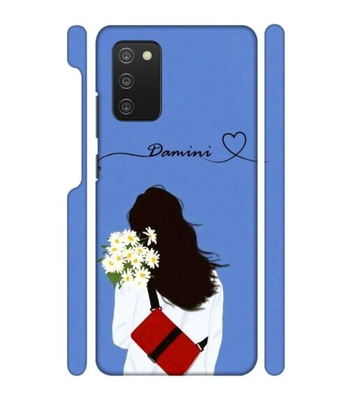 Sweet girl with back pose with flower Customize Text Samsung Galaxy F02 S Mobile Cover