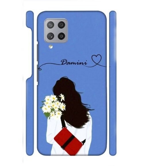Sweet girl with back pose with flower Customize Text Samsung Galaxy F62 Mobile Cover