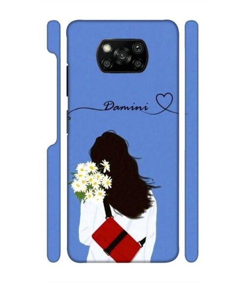 Sweet girl with back pose with flower Customize Text Poco X3 Mobile Cover