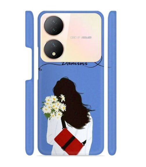 Sweet girl with back pose with flower Customize Text Vivo Y100 (5G) Mobile Cover