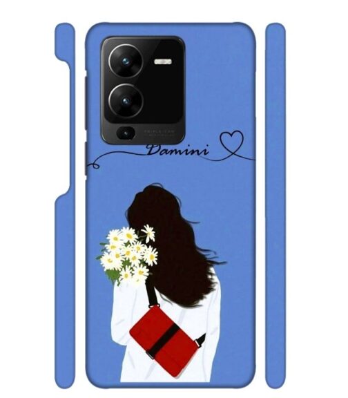 Sweet girl with back pose with flower Customize Text Vivo Y35 Mobile Cover