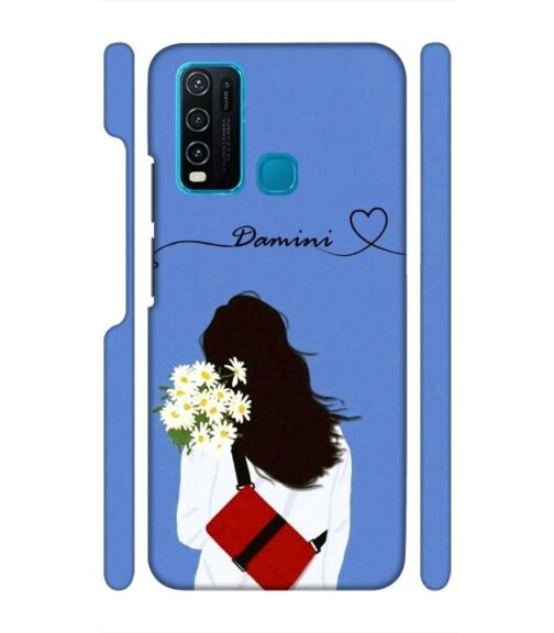 Sweet girl with back pose with flower Customize Text Vivo Y30 Mobile Cover