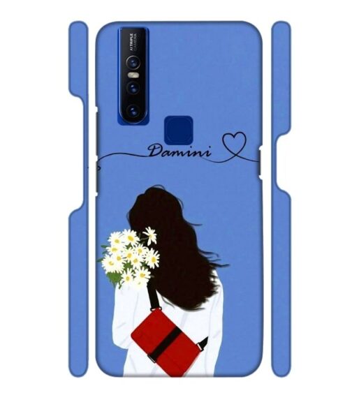 Sweet girl with back pose with flower Customize Text Vivo V15 Mobile Cover