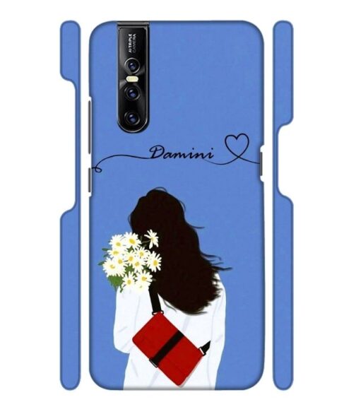 Sweet girl with back pose with flower Customize Text Vivo V15 Pro Mobile Cover