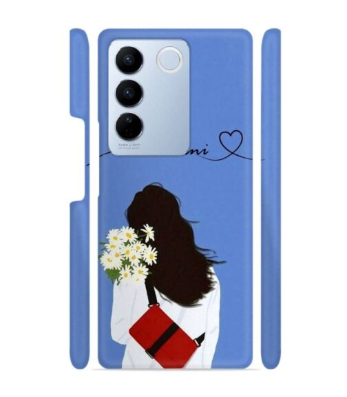 Sweet girl with back pose with flower Customize Text Vivo V27 5G Mobile Cover