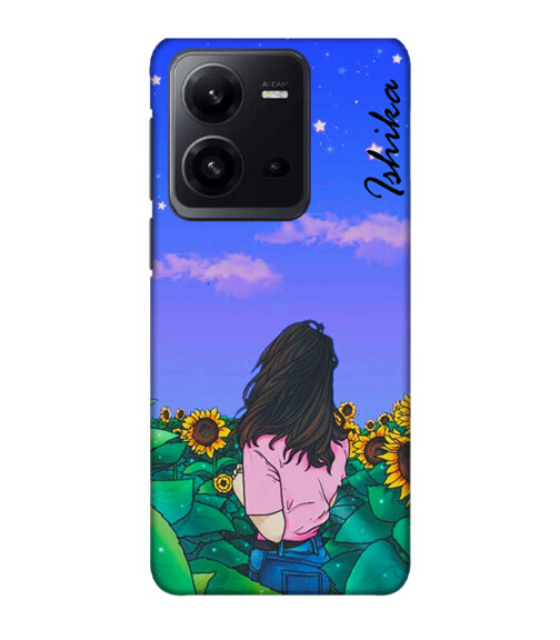 Girl in flower farm with ishika text Vivo V25 Mobile Cover