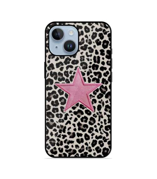 Leopard Print Background Pink Star Patch Metal Mobile Cover