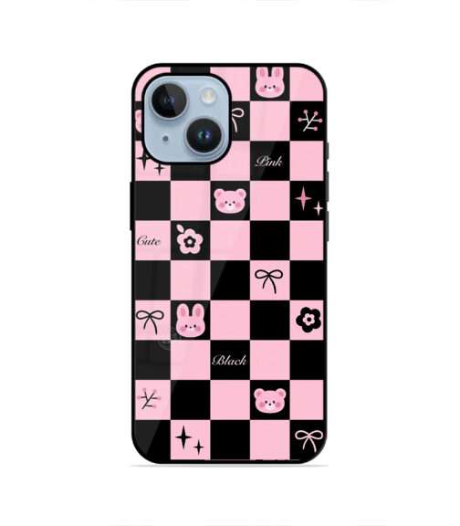 Pink Black Checkerboard Bunny Bear Cute Aesthetic Metal Mobile Cover