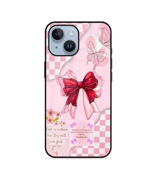Christian Bible Verse Pink Checkered Bow Butterfly Metal Mobile Cover